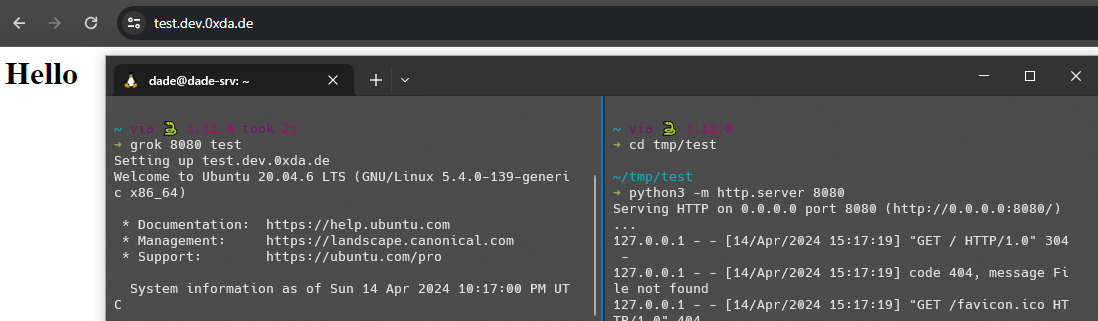 demonstration of my grok tunnel tool. Background shows a browser visiting test.dev.0xda.de, with a terminal window open in the foreground showing a simple python web server and the grok command to setup the tunnel
