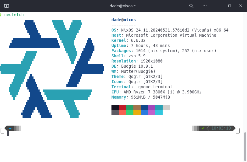 Screenshot of terminal showing neofetch output on my NixOS virtual machine