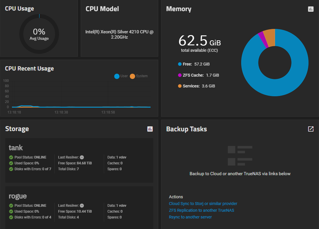 TrueNAS SCALE dashboard